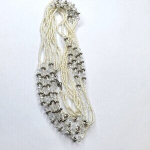 Multistrand Silver Tone and White Beaded Long Necklace